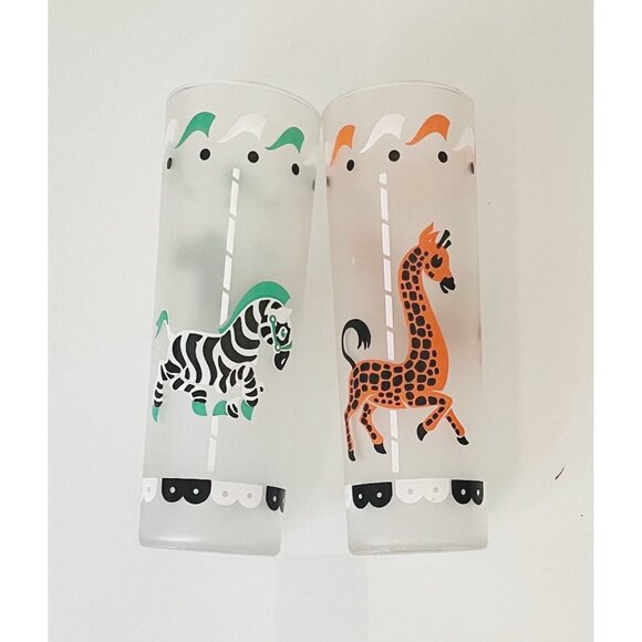 Libby CAROUSEL Glasses, (2) Merry-go-round Frosted Glasses with Giraffe,  Zebra - Picture 1 of 9